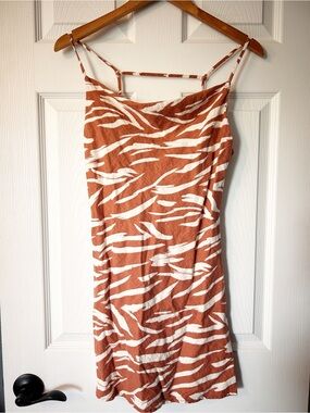 Audrey 3+1 Rust & White Zebra Print Linen Spaghetti Strap Mini Dress- Size Small